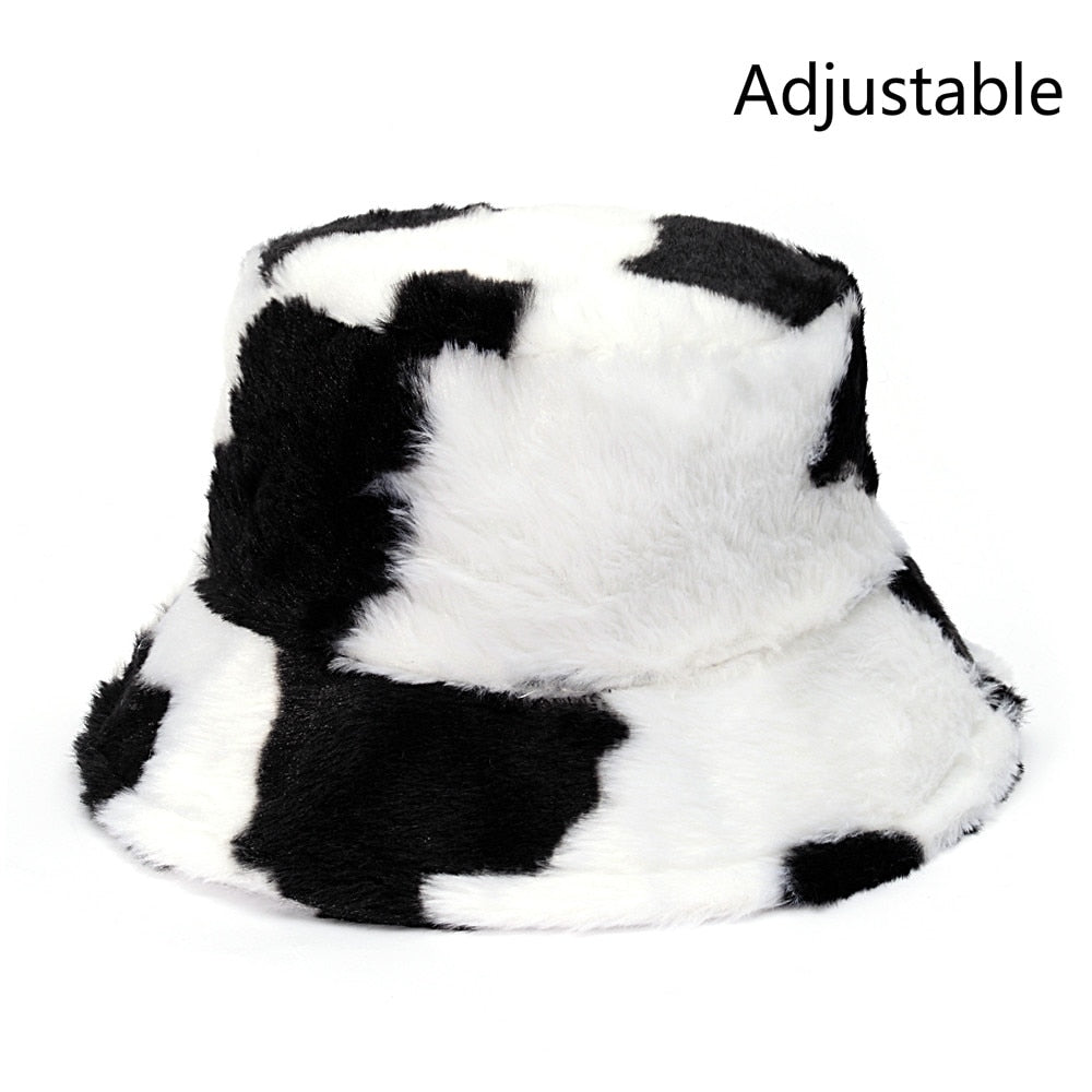 Aveuri Winter Cow Leopard Faux Fur Fluffy Bucket Hats Women Outdoor Warm Sun Hat Soft Velvet Furry Fisherman Cap Girl Fashion Panama