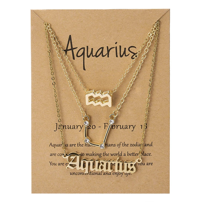 Aveuri-Christmas Gift New Year's Eve Gift 3Pcs/set 12 Zodiac Sign Necklace For Women 12 Constellation Pendant Chain Choker Birthday Jewelry With Cardboard Card