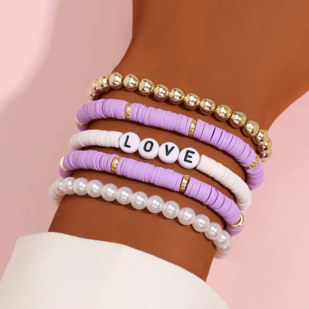 Aveuri-Christmas Gift New Year's Eve Gift Fashion Rainbow Stackable Bracelets Set For Women Heart Charm Soft Clay Pottery Layering Beads Chain Bangle Female Boho Jewelry