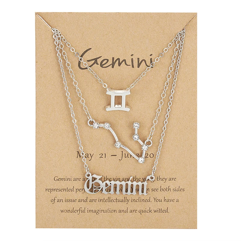 Aveuri-Christmas Gift New Year's Eve Gift 3Pcs/set 12 Zodiac Sign Necklace For Women 12 Constellation Pendant Chain Choker Birthday Jewelry With Cardboard Card