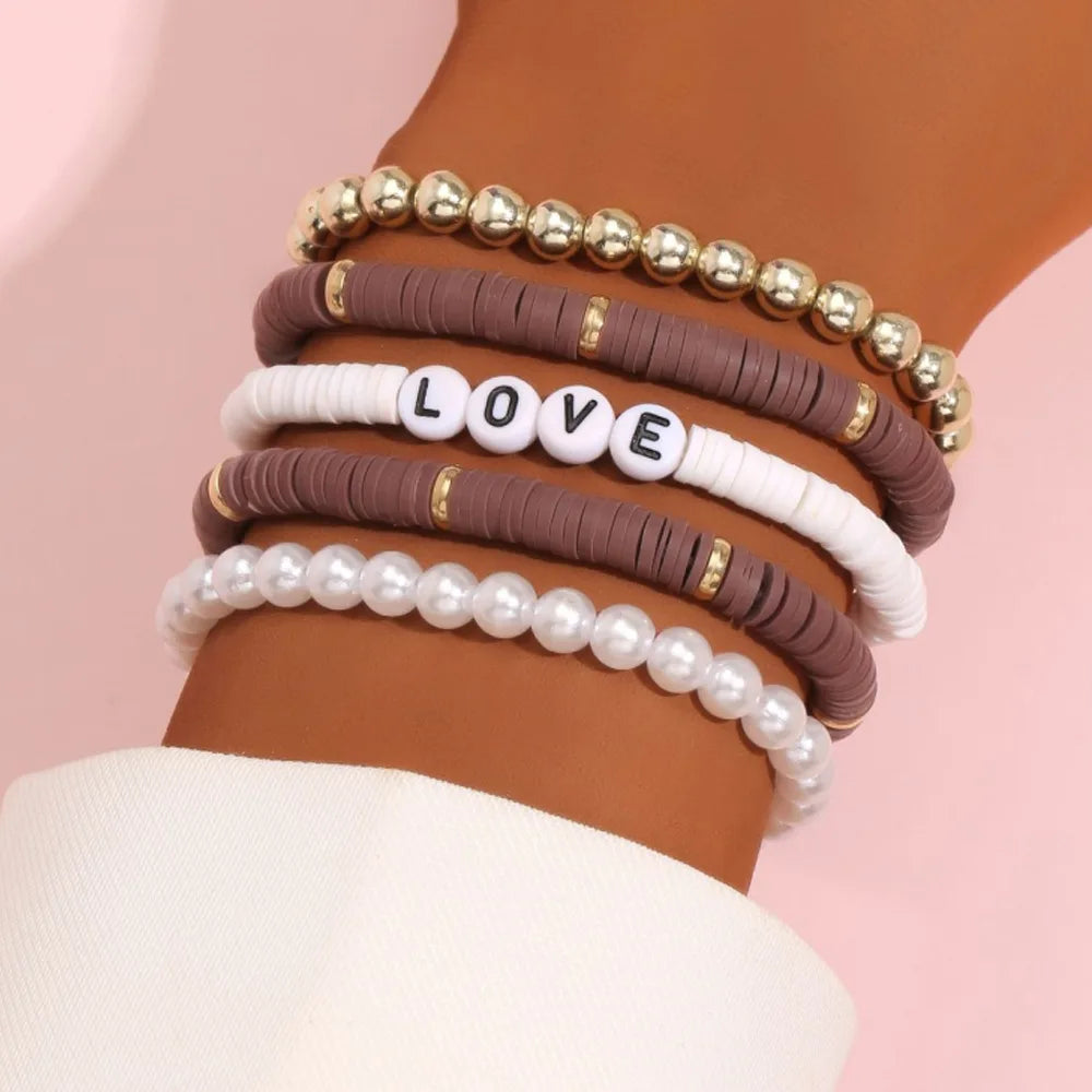 Aveuri-Christmas Gift New Year's Eve Gift Fashion Rainbow Stackable Bracelets Set For Women Heart Charm Soft Clay Pottery Layering Beads Chain Bangle Female Boho Jewelry