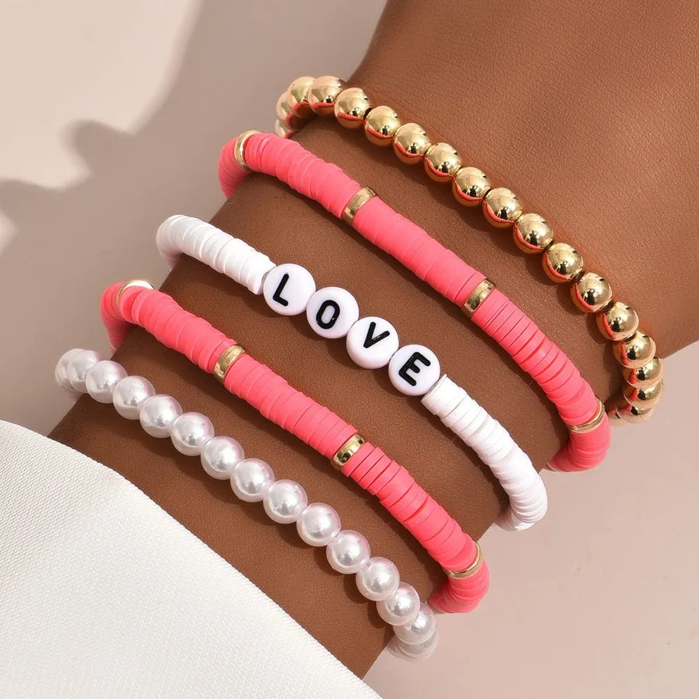 Aveuri-Christmas Gift New Year's Eve Gift Fashion Rainbow Stackable Bracelets Set For Women Heart Charm Soft Clay Pottery Layering Beads Chain Bangle Female Boho Jewelry