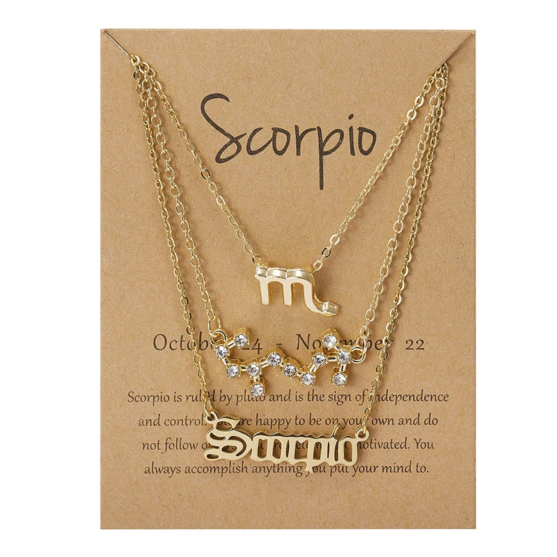 Aveuri-Christmas Gift New Year's Eve Gift 3Pcs/set 12 Zodiac Sign Necklace For Women 12 Constellation Pendant Chain Choker Birthday Jewelry With Cardboard Card