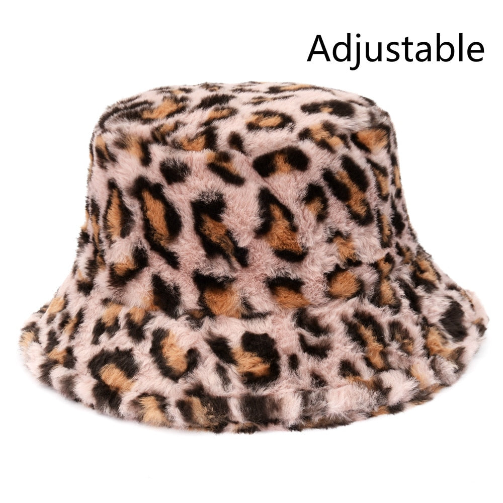 Aveuri Winter Cow Leopard Faux Fur Fluffy Bucket Hats Women Outdoor Warm Sun Hat Soft Velvet Furry Fisherman Cap Girl Fashion Panama