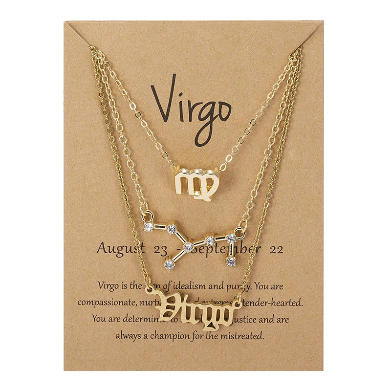 Aveuri-Christmas Gift New Year's Eve Gift 3Pcs/set 12 Zodiac Sign Necklace For Women 12 Constellation Pendant Chain Choker Birthday Jewelry With Cardboard Card