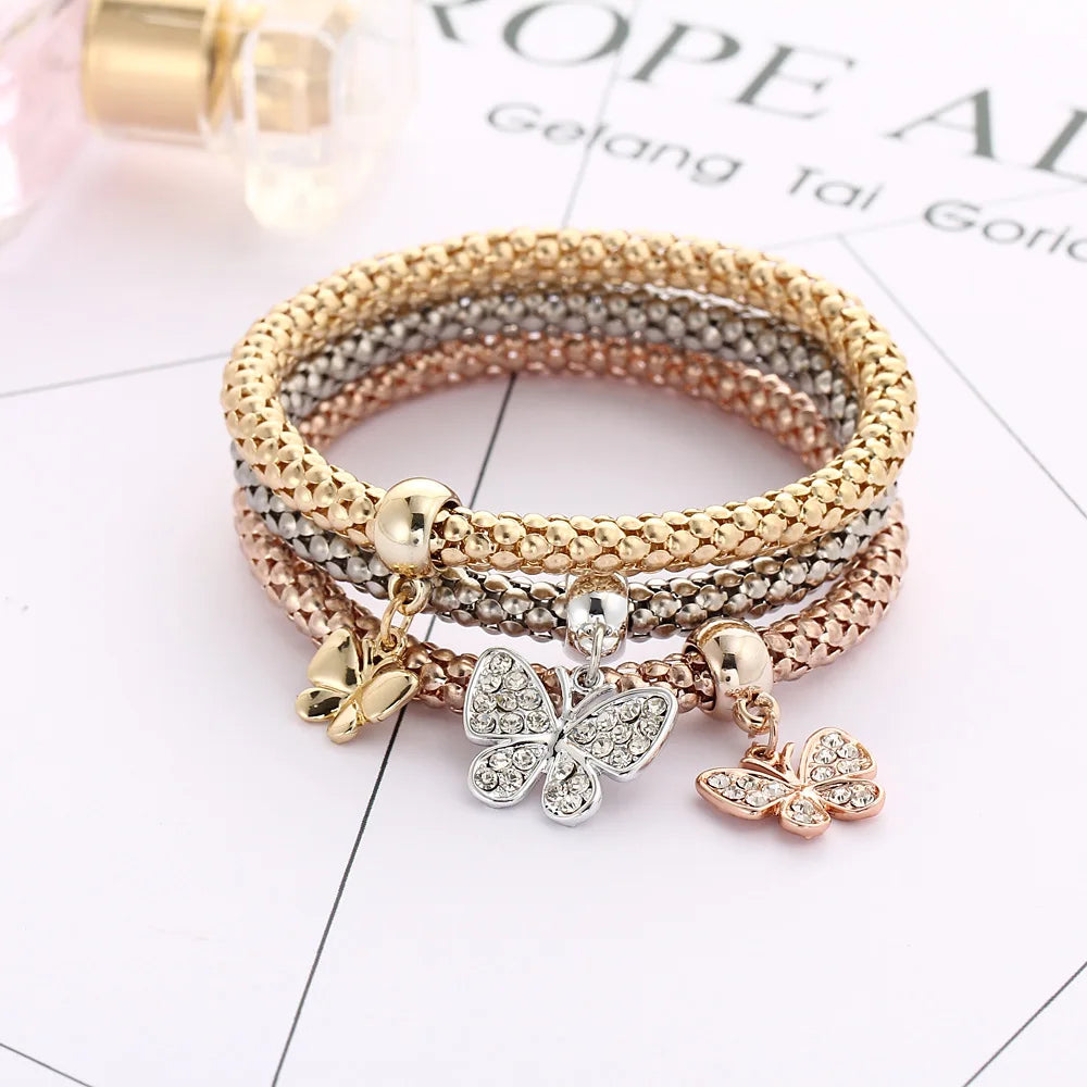 Aveuri-Christmas Gift New Year's Eve Gift 3colors/Lot Elastic Bracelets & Bangle For Women Crystal Tree of Life Owl Key lock Music Note Owl Butterfly Heart Charm Jewelry