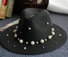 Aveuri New Spring Summer Hats For Women Flower Beads Wide Brimmed Jazz Panama Hat Sun Visor Beach Hat Flower Pearl rivet Straw Hat