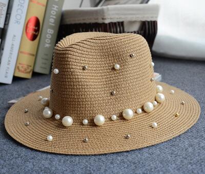 Aveuri New Spring Summer Hats For Women Flower Beads Wide Brimmed Jazz Panama Hat Sun Visor Beach Hat Flower Pearl rivet Straw Hat