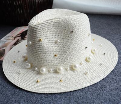 Aveuri New Spring Summer Hats For Women Flower Beads Wide Brimmed Jazz Panama Hat Sun Visor Beach Hat Flower Pearl rivet Straw Hat