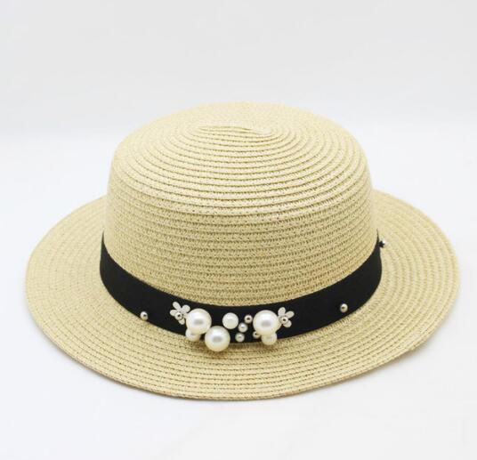 Aveuri New Spring Summer Hats For Women Flower Beads Wide Brimmed Jazz Panama Hat Sun Visor Beach Hat Flower Pearl rivet Straw Hat