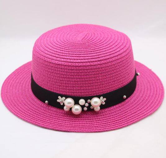 Aveuri New Spring Summer Hats For Women Flower Beads Wide Brimmed Jazz Panama Hat Sun Visor Beach Hat Flower Pearl rivet Straw Hat