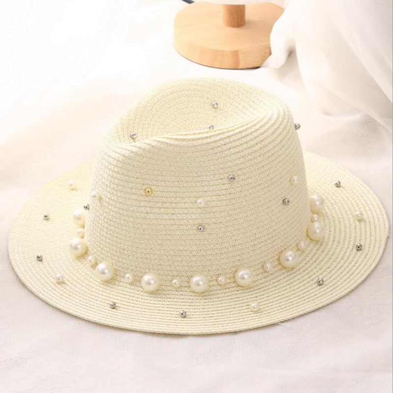 Aveuri New Spring Summer Hats For Women Flower Beads Wide Brimmed Jazz Panama Hat Sun Visor Beach Hat Flower Pearl rivet Straw Hat