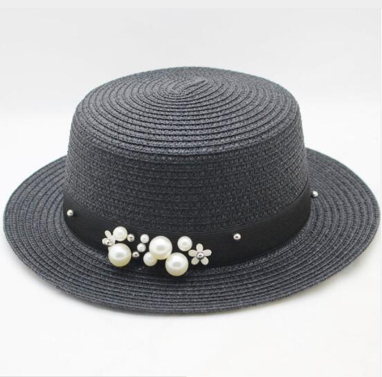 Aveuri New Spring Summer Hats For Women Flower Beads Wide Brimmed Jazz Panama Hat Sun Visor Beach Hat Flower Pearl rivet Straw Hat