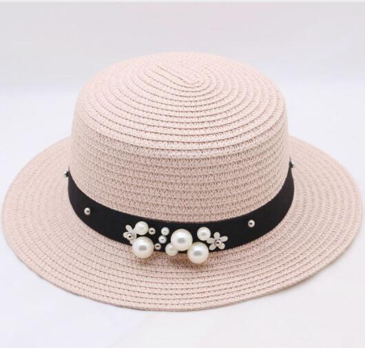 Aveuri New Spring Summer Hats For Women Flower Beads Wide Brimmed Jazz Panama Hat Sun Visor Beach Hat Flower Pearl rivet Straw Hat