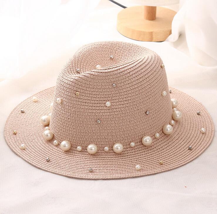 Aveuri New Spring Summer Hats For Women Flower Beads Wide Brimmed Jazz Panama Hat Sun Visor Beach Hat Flower Pearl rivet Straw Hat