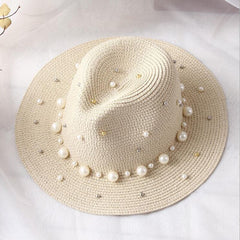 Aveuri New Spring Summer Hats For Women Flower Beads Wide Brimmed Jazz Panama Hat Sun Visor Beach Hat Flower Pearl rivet Straw Hat