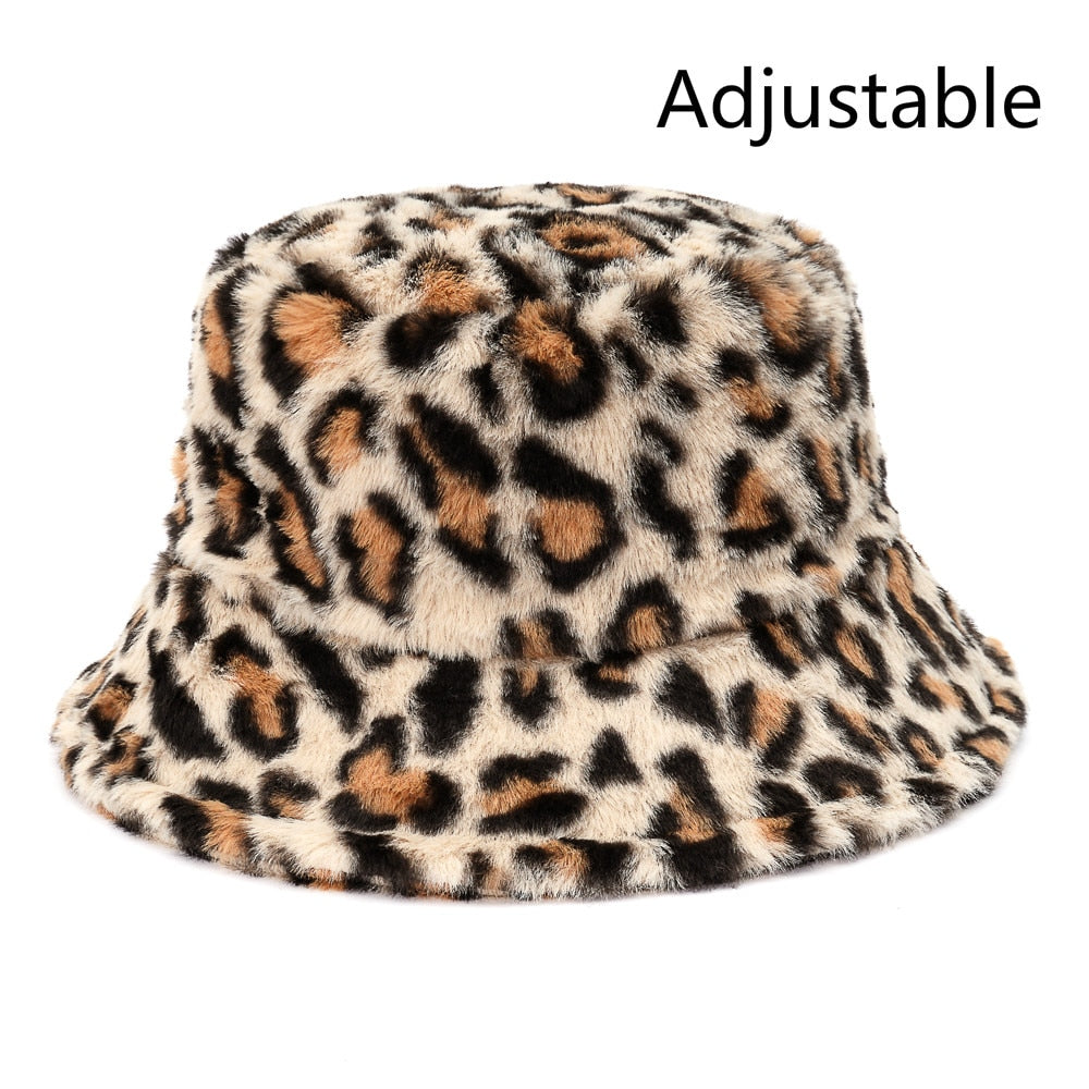 Aveuri Winter Cow Leopard Faux Fur Fluffy Bucket Hats Women Outdoor Warm Sun Hat Soft Velvet Furry Fisherman Cap Girl Fashion Panama