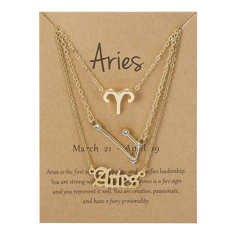 Aveuri-Christmas Gift New Year's Eve Gift 3Pcs/set 12 Zodiac Sign Necklace For Women 12 Constellation Pendant Chain Choker Birthday Jewelry With Cardboard Card