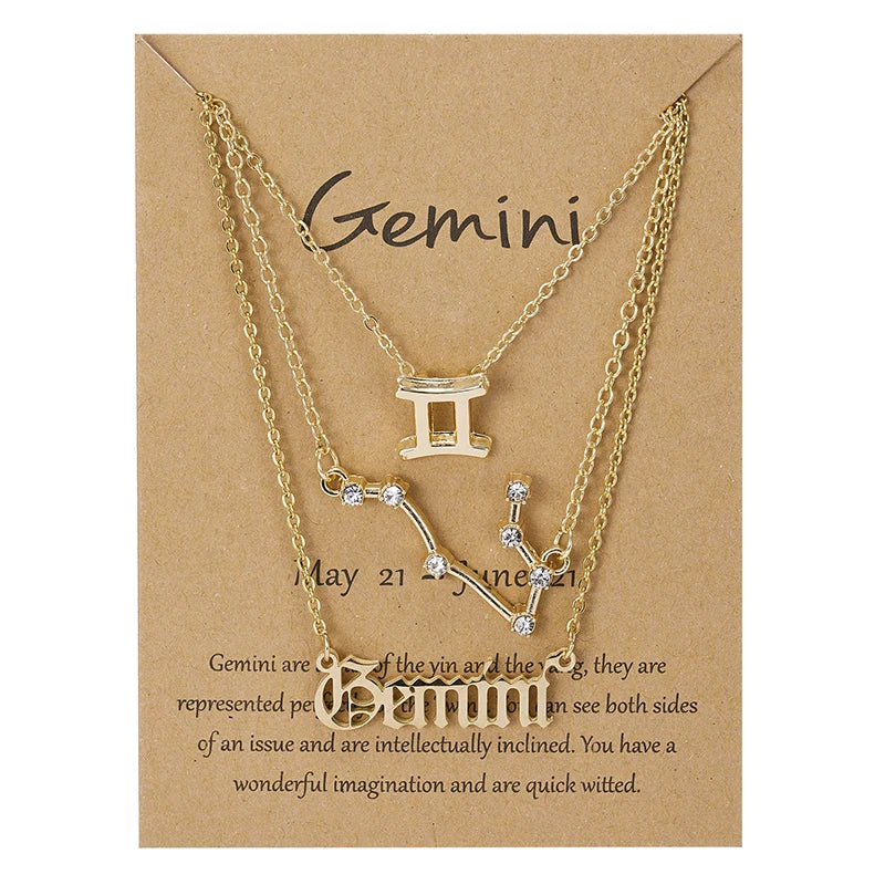 Aveuri-Christmas Gift New Year's Eve Gift 3Pcs/set 12 Zodiac Sign Necklace For Women 12 Constellation Pendant Chain Choker Birthday Jewelry With Cardboard Card