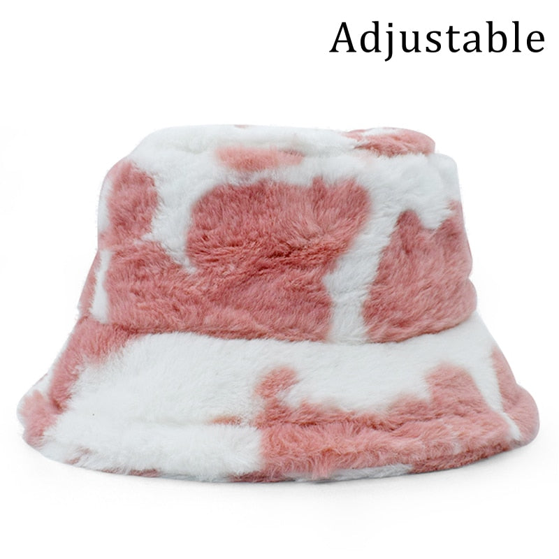 Aveuri Winter Cow Leopard Faux Fur Fluffy Bucket Hats Women Outdoor Warm Sun Hat Soft Velvet Furry Fisherman Cap Girl Fashion Panama