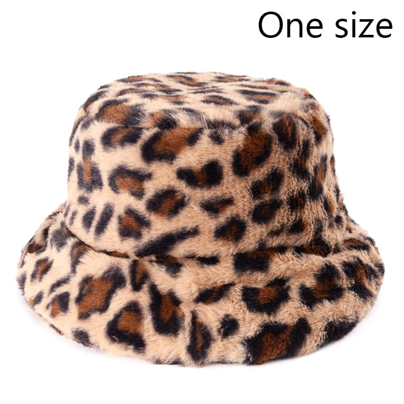 Aveuri Winter Cow Leopard Faux Fur Fluffy Bucket Hats Women Outdoor Warm Sun Hat Soft Velvet Furry Fisherman Cap Girl Fashion Panama