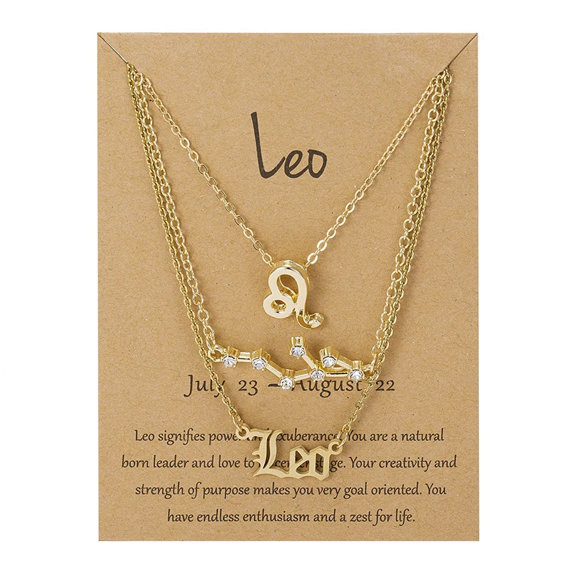 Aveuri-Christmas Gift New Year's Eve Gift 3Pcs/set 12 Zodiac Sign Necklace For Women 12 Constellation Pendant Chain Choker Birthday Jewelry With Cardboard Card