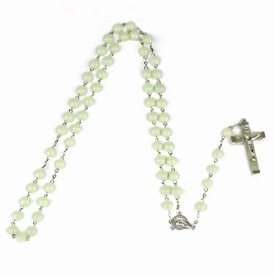 Aveuri-Christmas Gift New Year's Eve Gift 8MM Glow In The Dark Rosary Bead Chain Necklaces For Women INRI Crucifix Cross Pendant luminous Necklace Religious Jewelry