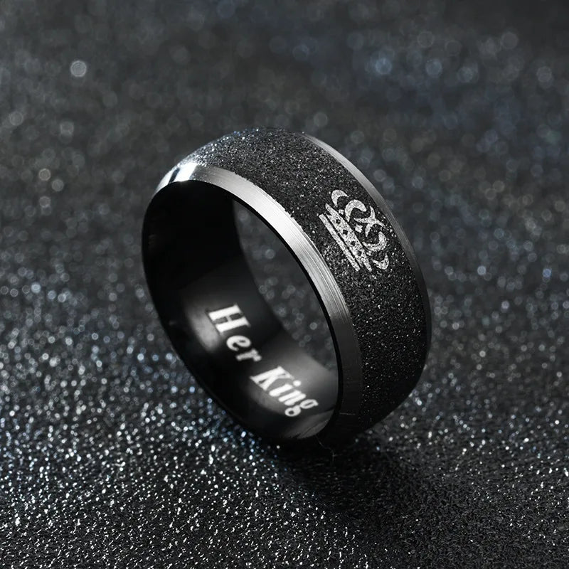 Aveuri-Christmas Gift New Year's Eve Gift Her King and His Queen Letter Couple Rings For Women Men Crown Black 8MM Stainless Steel Matte Ring Lovers Wedding Jewelry