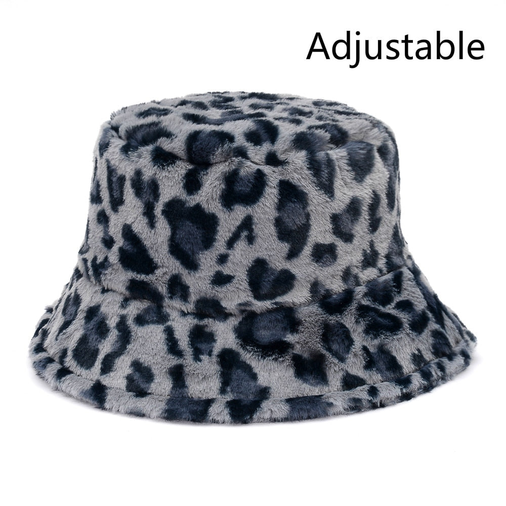 Aveuri Winter Cow Leopard Faux Fur Fluffy Bucket Hats Women Outdoor Warm Sun Hat Soft Velvet Furry Fisherman Cap Girl Fashion Panama