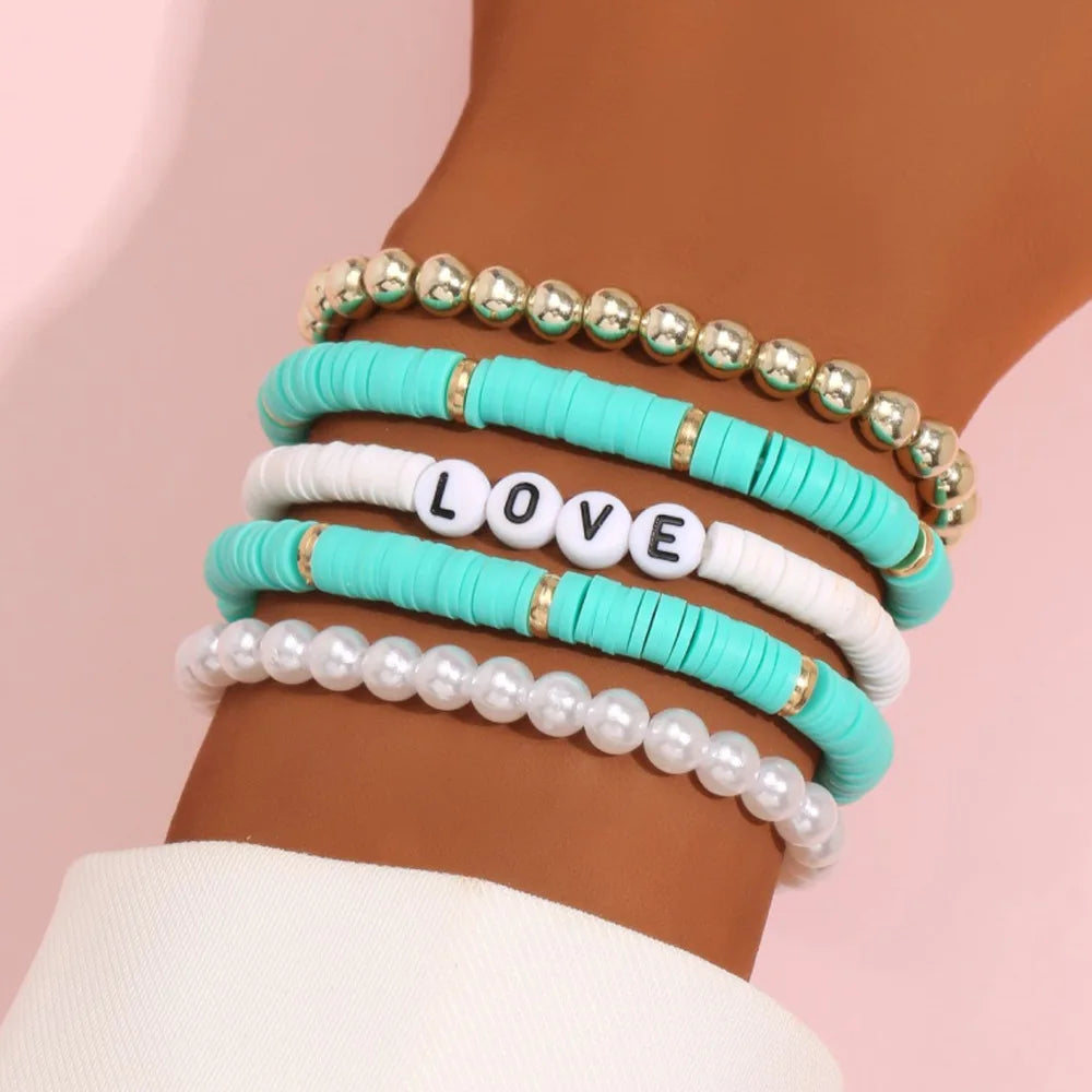 Aveuri-Christmas Gift New Year's Eve Gift Fashion Rainbow Stackable Bracelets Set For Women Heart Charm Soft Clay Pottery Layering Beads Chain Bangle Female Boho Jewelry