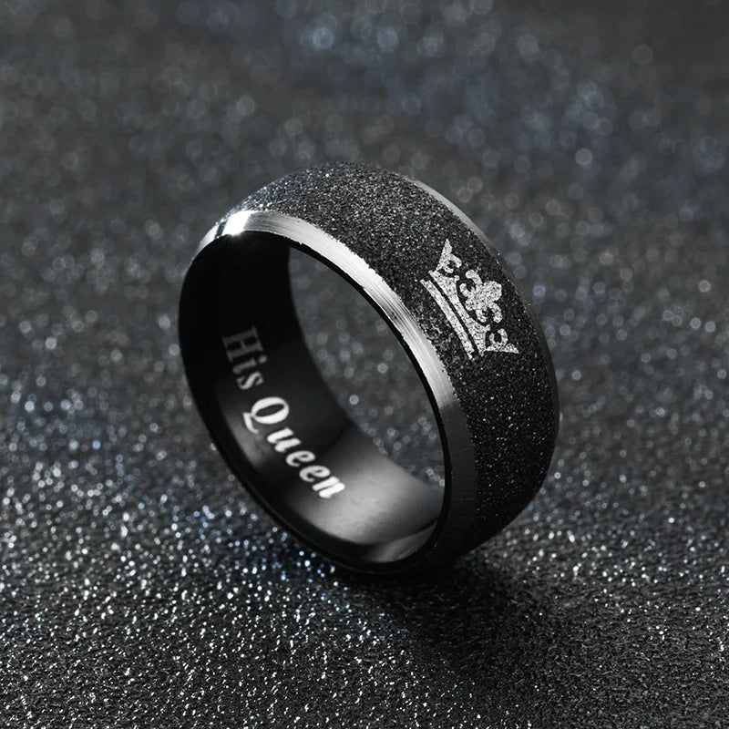 Aveuri-Christmas Gift New Year's Eve Gift Her King and His Queen Letter Couple Rings For Women Men Crown Black 8MM Stainless Steel Matte Ring Lovers Wedding Jewelry