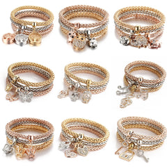 Aveuri-Christmas Gift New Year's Eve Gift 3colors/Lot Elastic Bracelets & Bangle For Women Crystal Tree of Life Owl Key lock Music Note Owl Butterfly Heart Charm Jewelry