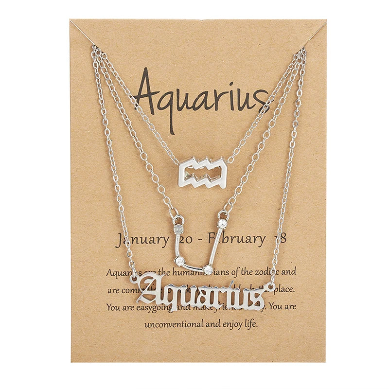 Aveuri-Christmas Gift New Year's Eve Gift 3Pcs/set 12 Zodiac Sign Necklace For Women 12 Constellation Pendant Chain Choker Birthday Jewelry With Cardboard Card