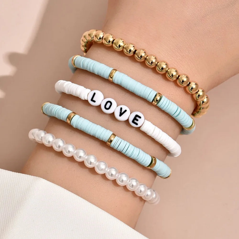 Aveuri-Christmas Gift New Year's Eve Gift Fashion Rainbow Stackable Bracelets Set For Women Heart Charm Soft Clay Pottery Layering Beads Chain Bangle Female Boho Jewelry