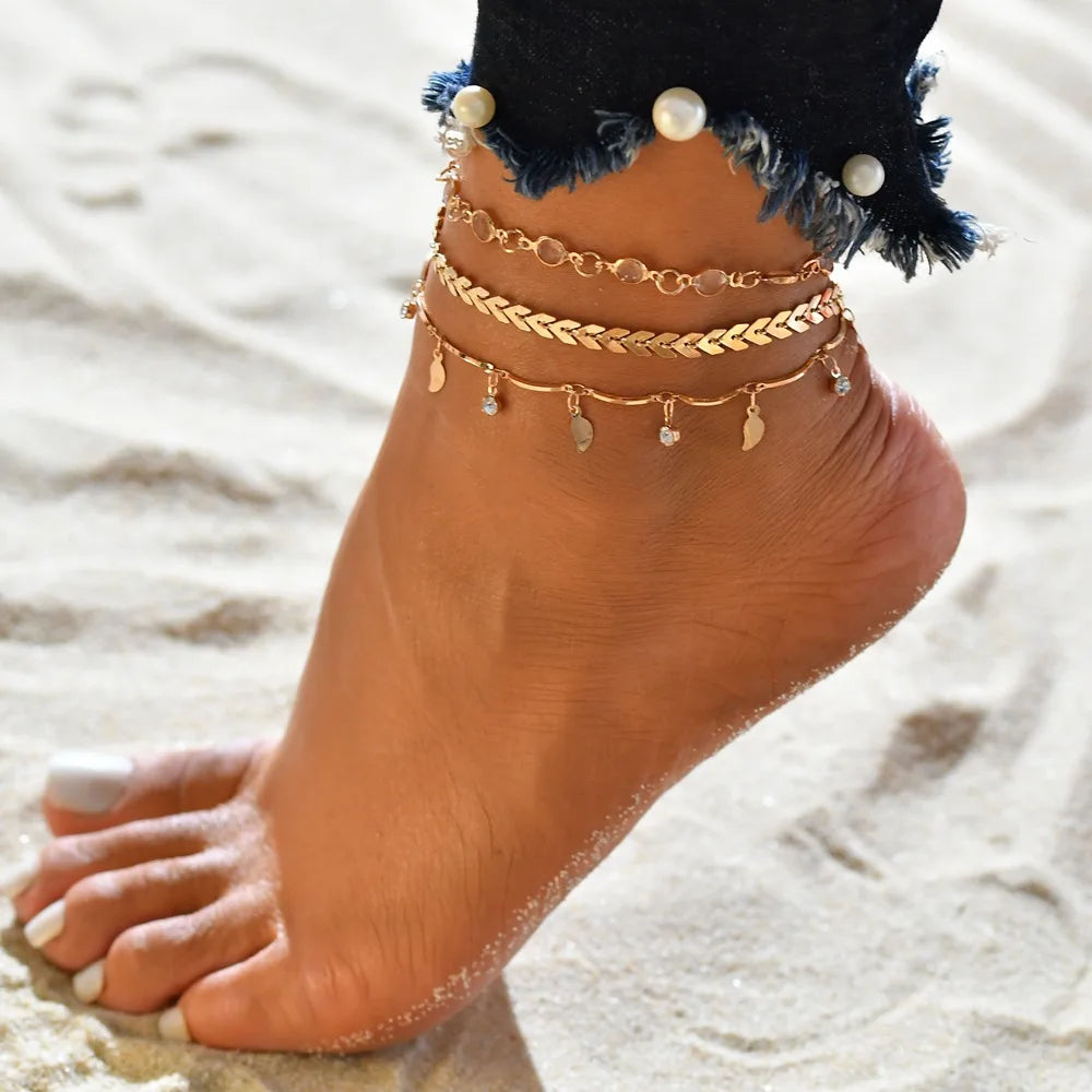 Aveuri-Christmas Gift New Year's Eve Gift Bohemia Shell Star Chain Ankle Bracelet On Leg Foot Jewelry Boho Starfish key butterfly Charm Anklet Set For Women Accessories