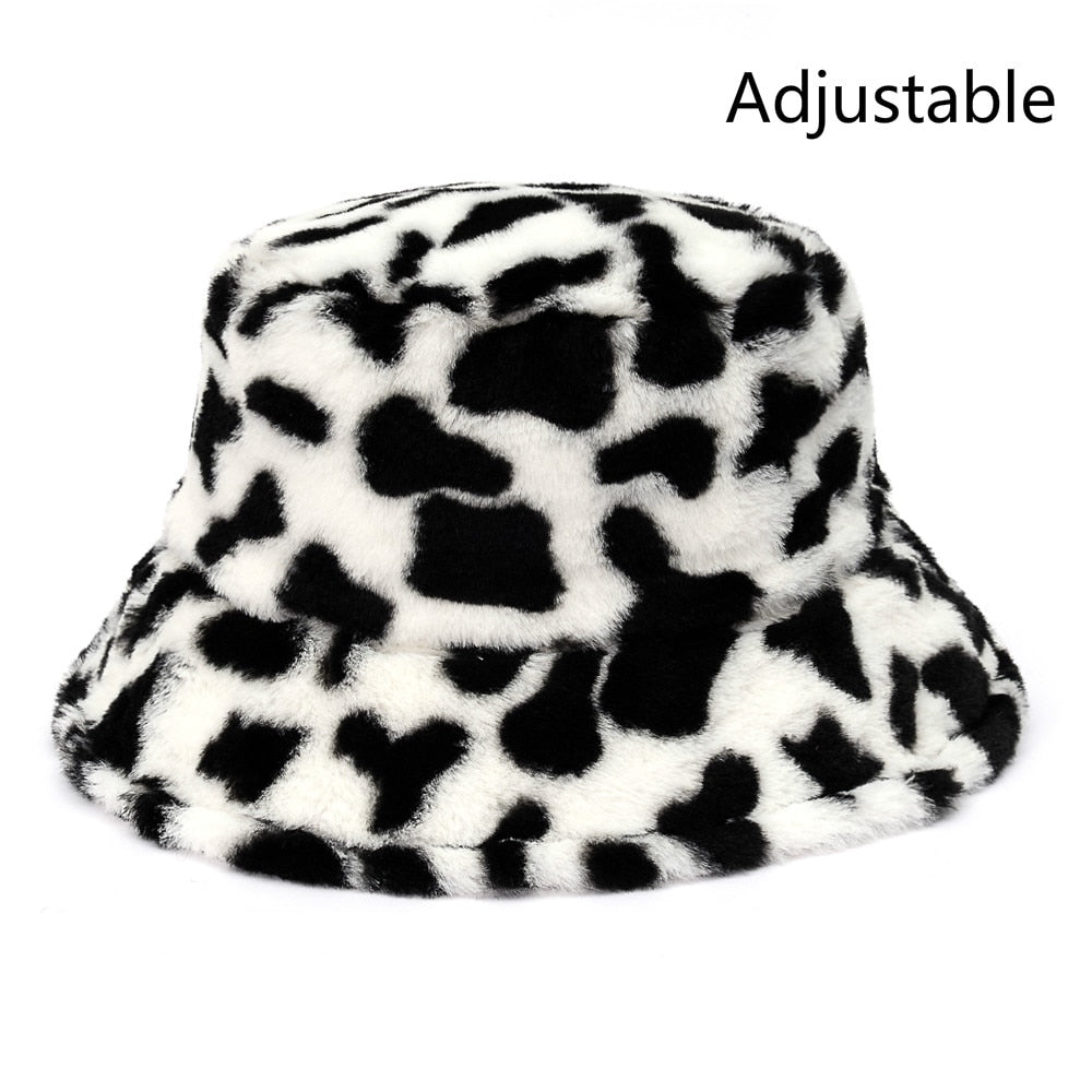 Aveuri Winter Cow Leopard Faux Fur Fluffy Bucket Hats Women Outdoor Warm Sun Hat Soft Velvet Furry Fisherman Cap Girl Fashion Panama