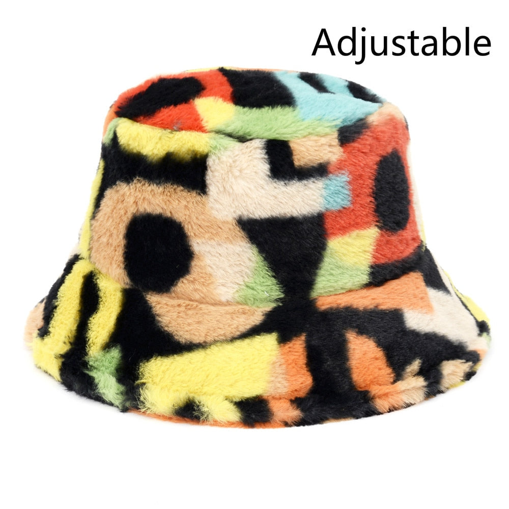 Aveuri Winter Cow Leopard Faux Fur Fluffy Bucket Hats Women Outdoor Warm Sun Hat Soft Velvet Furry Fisherman Cap Girl Fashion Panama