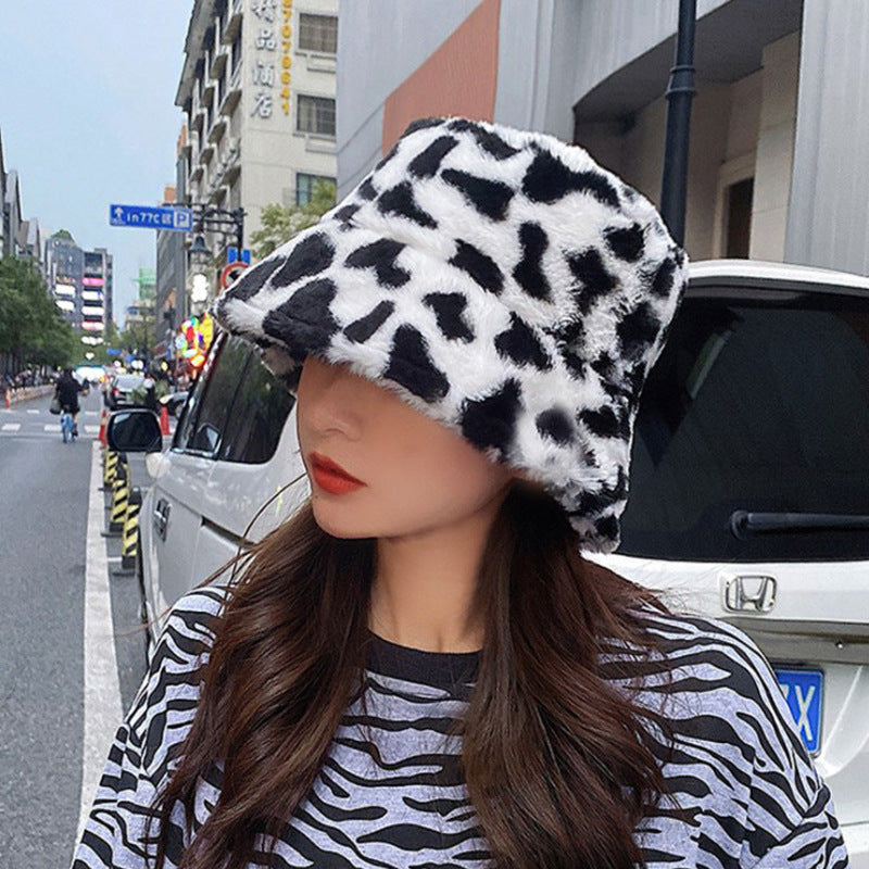 Aveuri Winter Cow Leopard Faux Fur Fluffy Bucket Hats Women Outdoor Warm Sun Hat Soft Velvet Furry Fisherman Cap Girl Fashion Panama