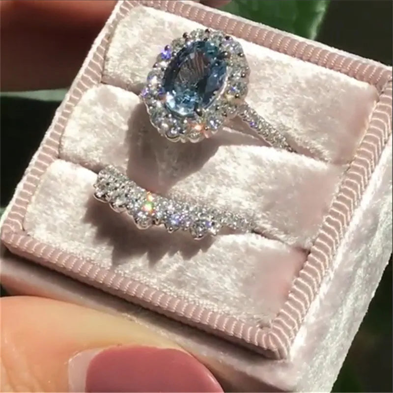 Aveuri-Christmas gifts idea Winter outfits Christmas outfits 2pcs/set Fashion Oval Cut Natural Blue Crystal Engagement Rings Set Women Wedding Band Party Jewelry Ring Anniversary Gift