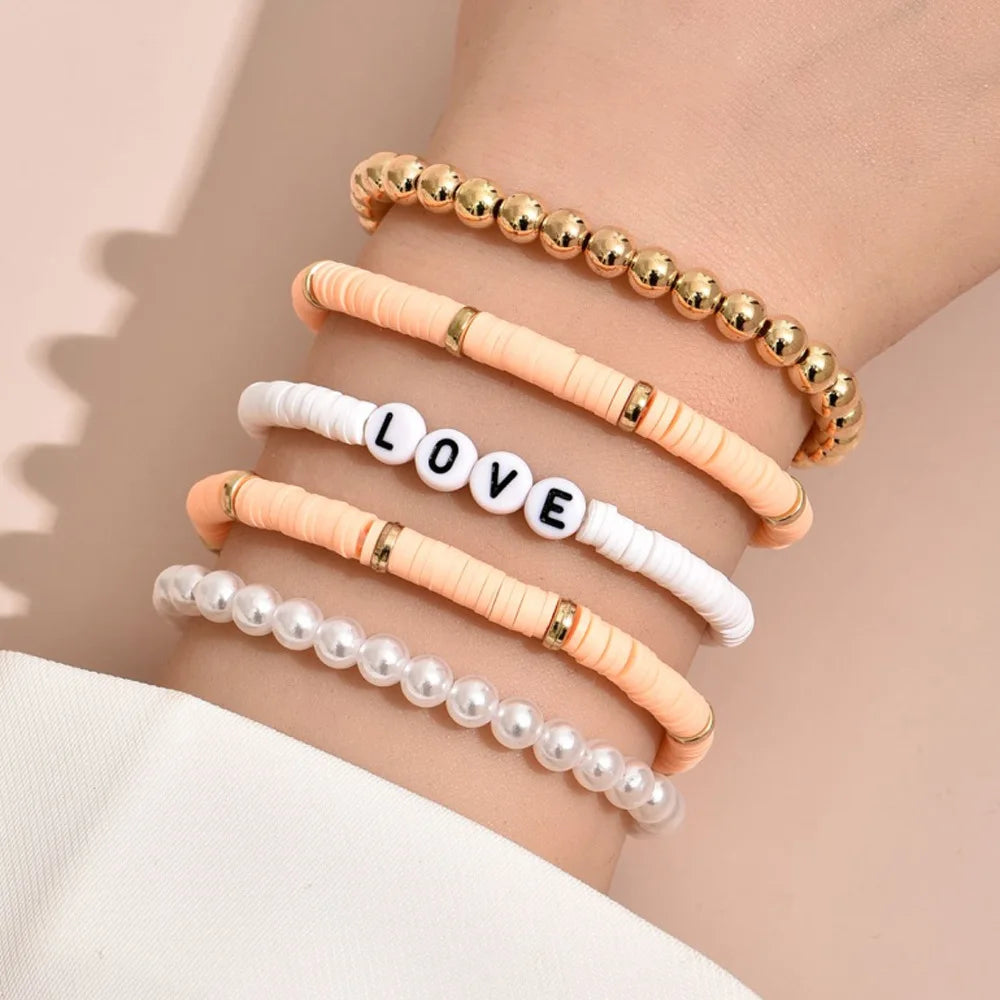 Aveuri-Christmas Gift New Year's Eve Gift Fashion Rainbow Stackable Bracelets Set For Women Heart Charm Soft Clay Pottery Layering Beads Chain Bangle Female Boho Jewelry