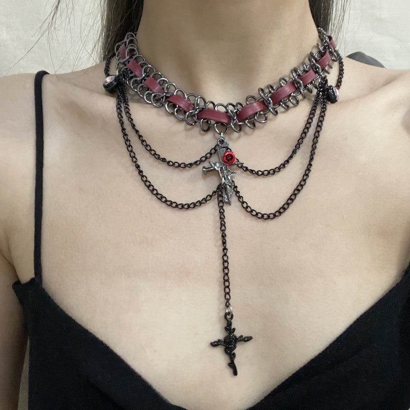 Aveuri-Christmas Thanksgiving Gifts Idea_Dark Punk Heart Flower Cross Layered Necklace