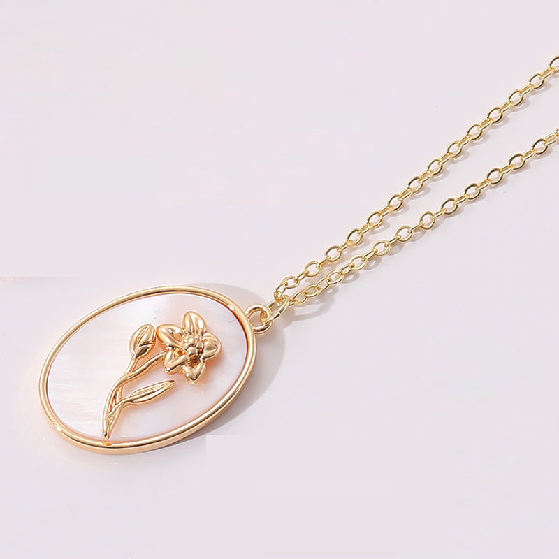 gold December Flower Birth Flower Birthday Shell Pendant Necklace Female Ins Style New Flower Clavicle Chain