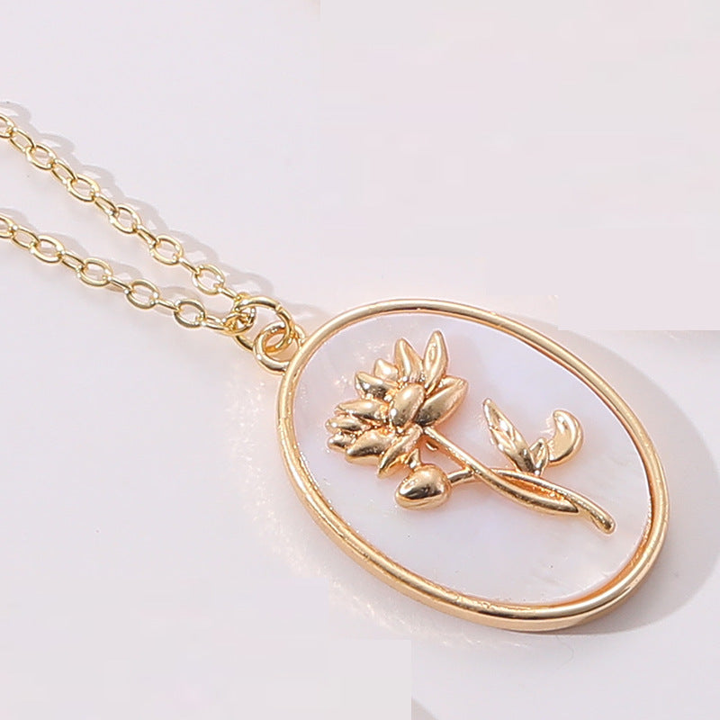 gold December Flower Birth Flower Birthday Shell Pendant Necklace Female Ins Style New Flower Clavicle Chain