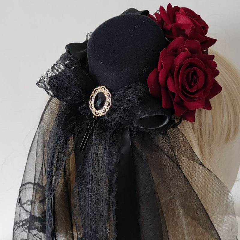 witch dress to impress Dark Style Halloween Gothic Small Bowler Hat Mesh Headdress Flower Subculture Hair Accessories Secondary Element Anime Jewelry