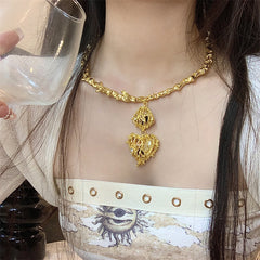 gold Heavy Industry Golden Necklace Design Clavicle Chain Mid-Ancient Necklace Lovely Flower Earrings Women's Suit