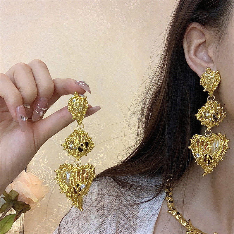 gold Heavy Industry Golden Necklace Design Clavicle Chain Mid-Ancient Necklace Lovely Flower Earrings Women's Suit