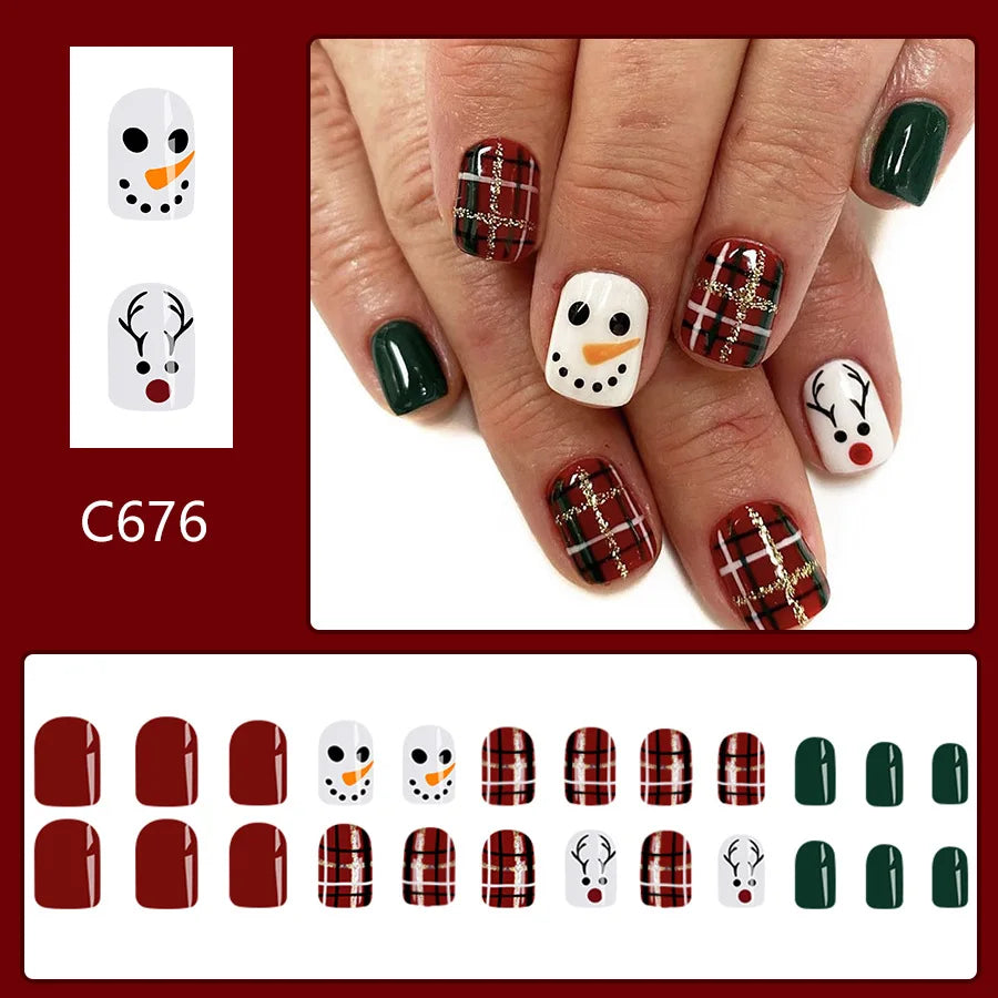 24Pcs Red,Green,White Christmas Press on Nails Snowman Elk with Glitter Full Cover Fake Nail Tips for Women&Girls Festival Wear