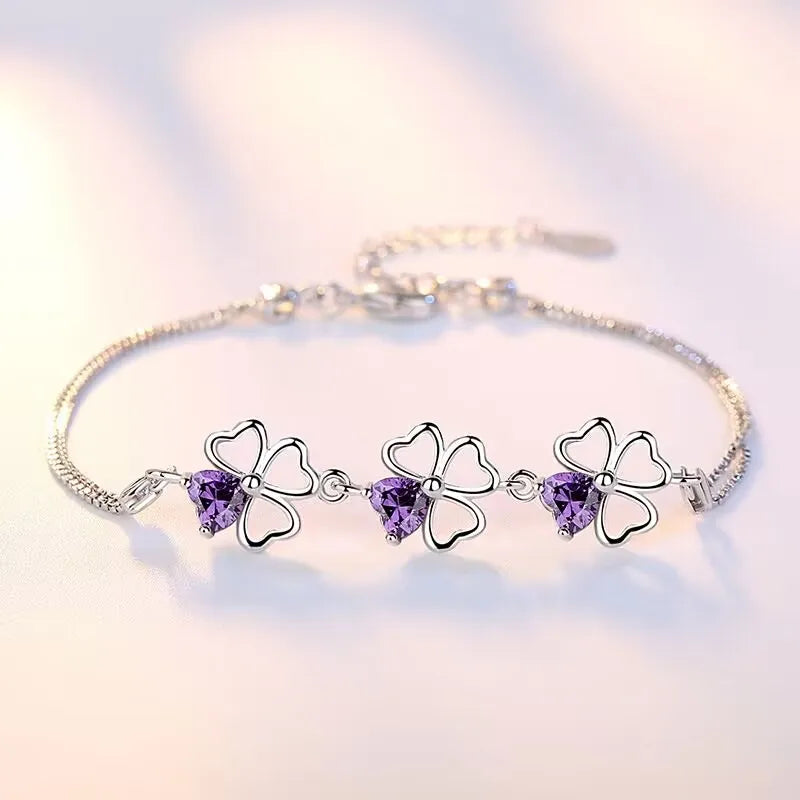 Aveuri Hot luxury designer 925 Sterling Silver Purple crystal Lucky Clover Bracelets for women fashion party wedding Jewelry 17CM+4CM