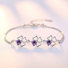 Aveuri Hot luxury designer 925 Sterling Silver Purple crystal Lucky Clover Bracelets for women fashion party wedding Jewelry 17CM+4CM