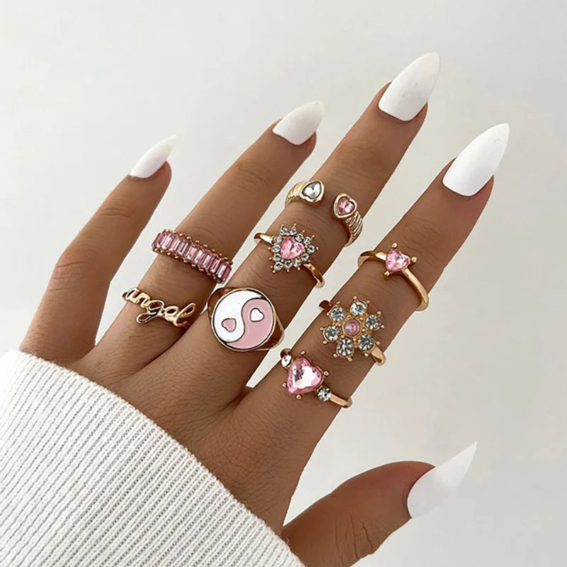 Aveuri-Christmas Gift New Year's Eve Gift Bohemia Geometric Colorful Enamel Kunckle Ring Set For Women Butterfly Heart Sign Finger Ring Female Daily Jewelry